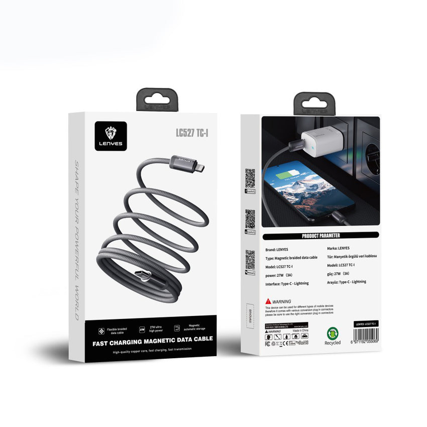 LC527 Spiral Magnetik Örgülü Tasarım Type-C to Lightning Hızlı Şarj Özellikli Data ve Şarj Kablosu 27W 1M