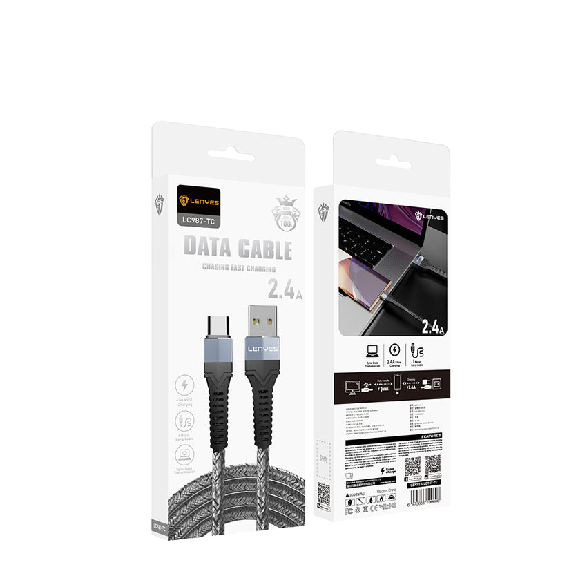 Lenyes LC987 USB-A to Type-C Hızlı Şarj Özellikli Örgülü Data ve Şarj Kablosu 1M 2.4A