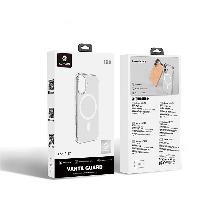 Lenyes Apple iPhone 17 Kılıf M-Safe Şarj Özellikli Metal Kamera Çerçeveli Airbag Tasarımlı Lenyes CK221 Sert PC Kapak