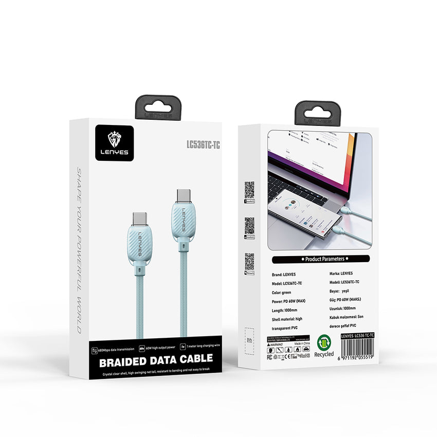 Lenyes Type-C to Type-C Kablo | LC536 60W PD Hızlı Şarj & Örgü Tasarım 1M