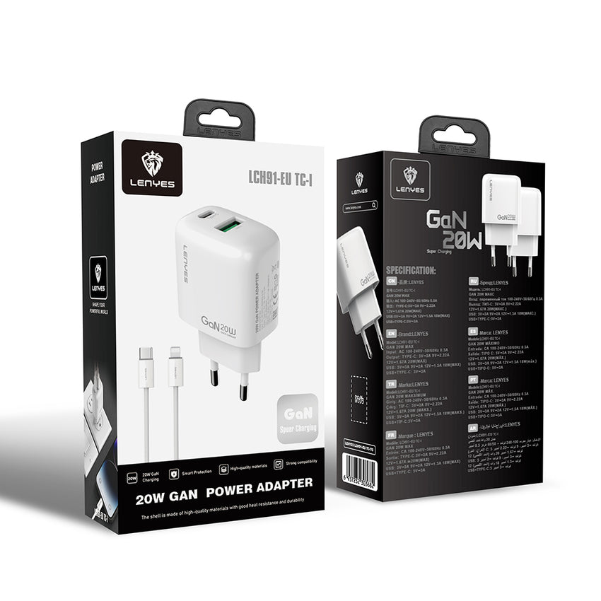 Lenyes LCH91-TC-L | GaN Teknolojili Type-C to Lightning PD & USB Hızlı Şarj Seti 20W