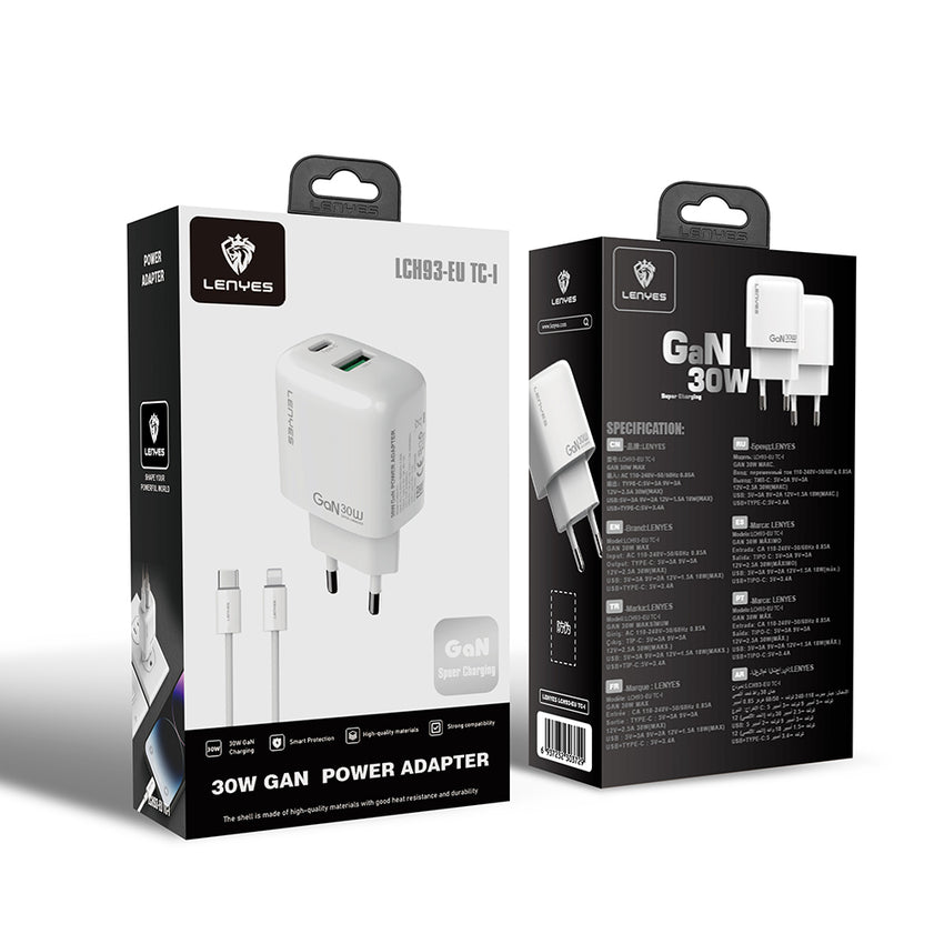 Lenyes LCH93-TC-L | Type-C to Lightning GaN Teknolojili PD ve USB Hızlı Şarj Seti 30W