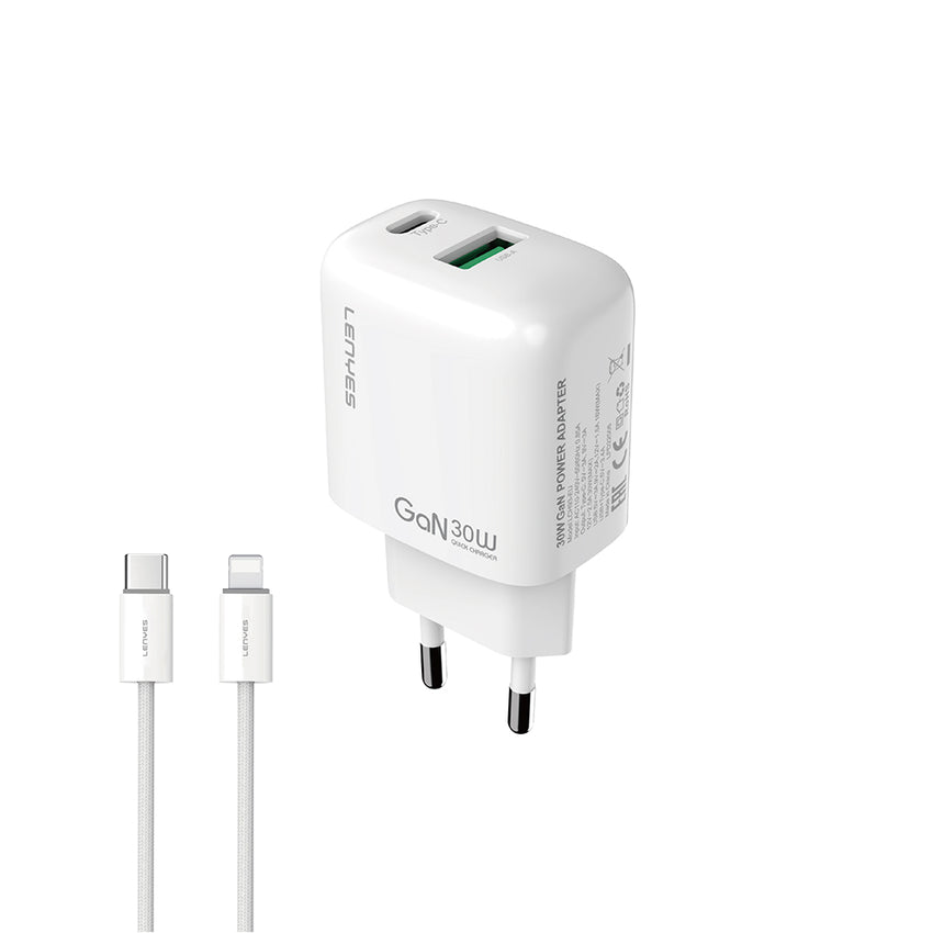 Lenyes LCH93-TC-L | Type-C to Lightning GaN Teknolojili PD ve USB Hızlı Şarj Seti 30W