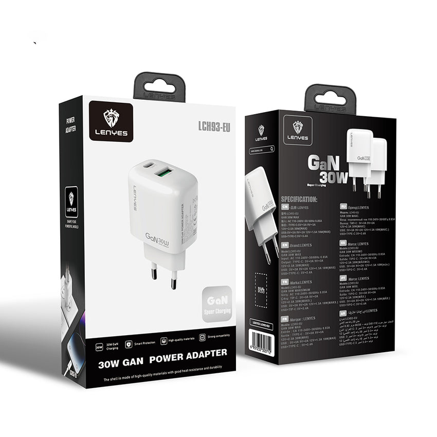 Lenyes LCH93 | Type-C ve USB GaN Teknolojili PD Hızlı Şarj Adaptörü 30W