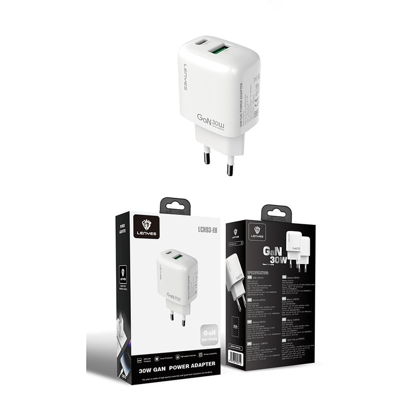 Lenyes LCH93 | Type-C ve USB GaN Teknolojili PD Hızlı Şarj Adaptörü 30W