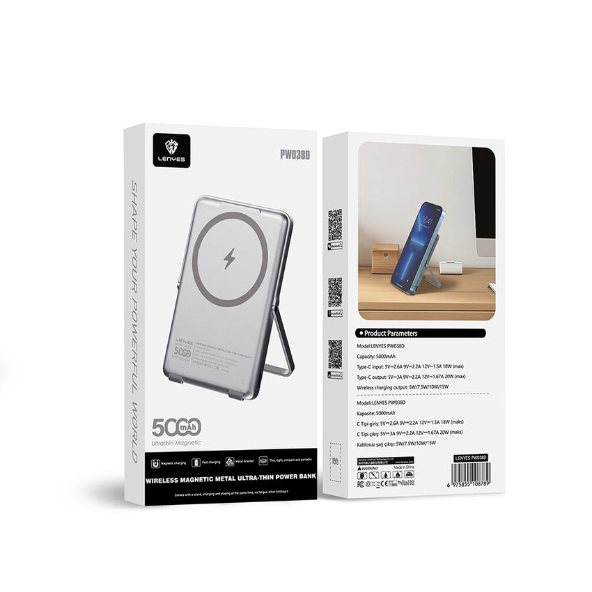 Lenyes PW038D | 20W Ultra İnce Standlı Wireless Powerbank 15W 5000mAh