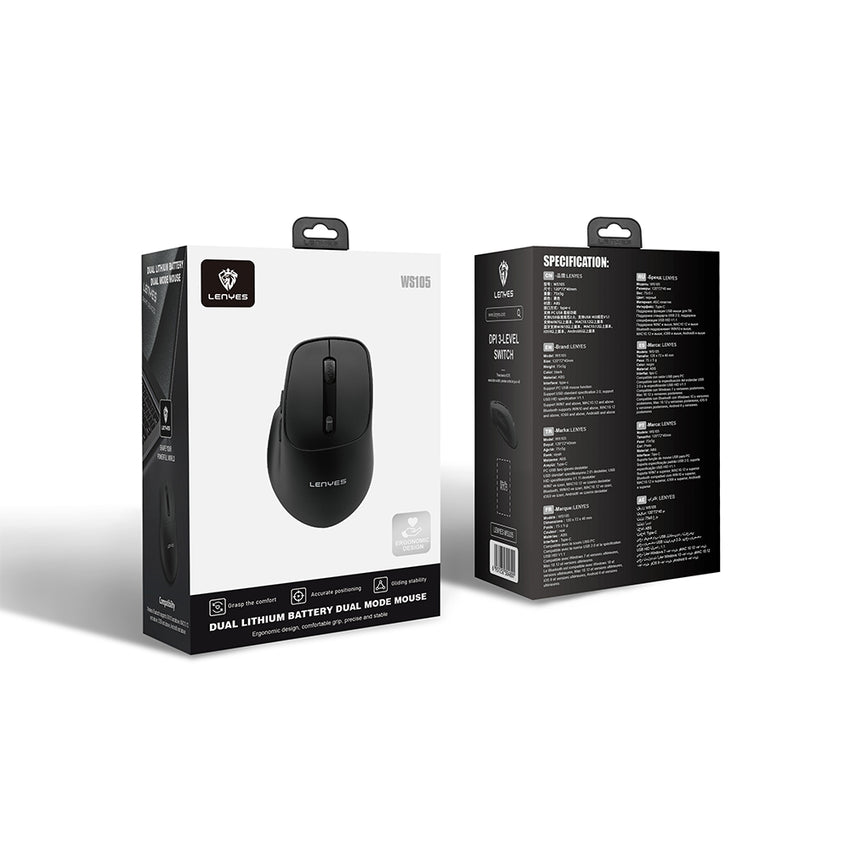 Lenyes WS105 Sessiz Ergonomik Çift Bluetooth + 2.4G Kablosuz Mouse 1600 DPI