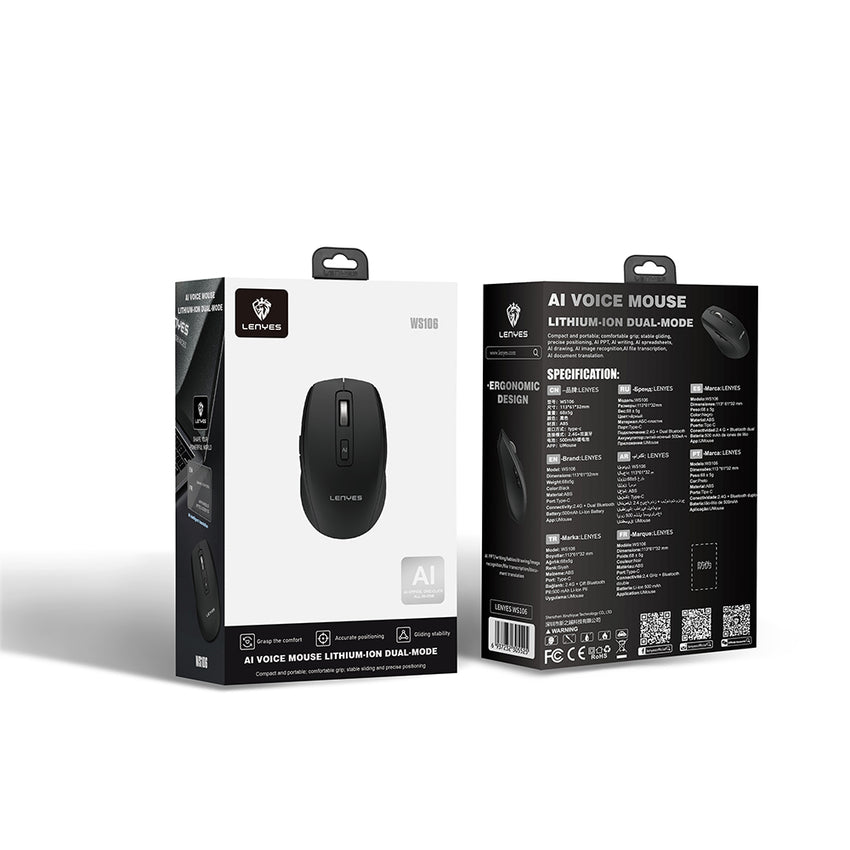 Lenyes WS106 Yapay Zeka Destekli Çift Bluetooth + 2.4G Kablosuz Mouse 1200 DPI