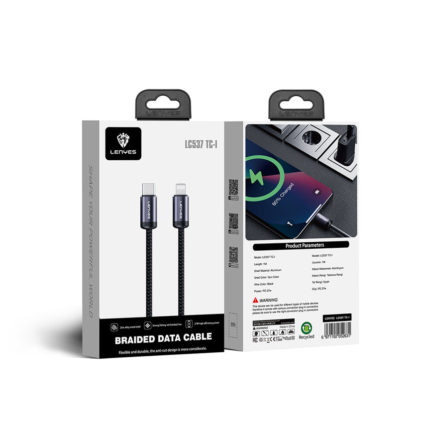 Lenyes LC537 | 27W Type-C to Lightning Örgülü Hızlı Şarj Kablosu | 1M