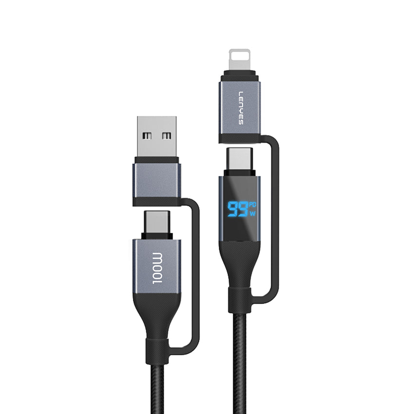 Lenyes LC542 | 4in1 100W Dijital Göstergeli Şarj Kablosu | USB-A & Type-C Girişli