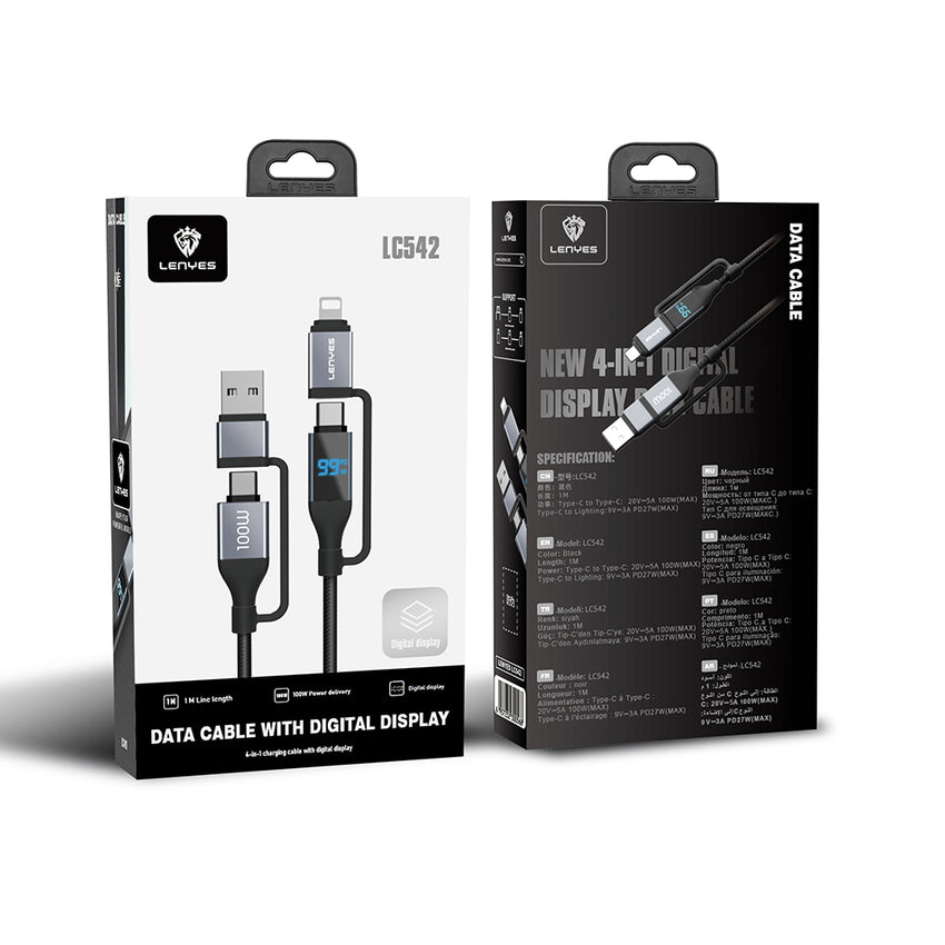 Lenyes LC542 | 4in1 100W Dijital Göstergeli Şarj Kablosu | USB-A & Type-C Girişli