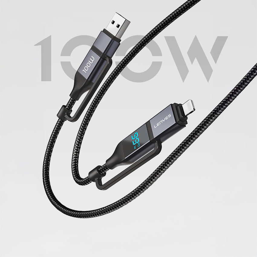 Lenyes LC542 | 4in1 100W Dijital Göstergeli Şarj Kablosu | USB-A & Type-C Girişli