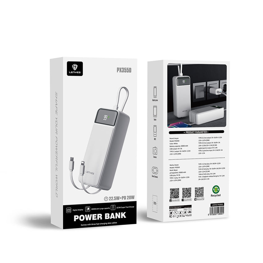 Lenyes PX355D Dijital LED Ekranlı Type-C ve Lightning Kablolu Powerbank 22.5W 30.000mAh